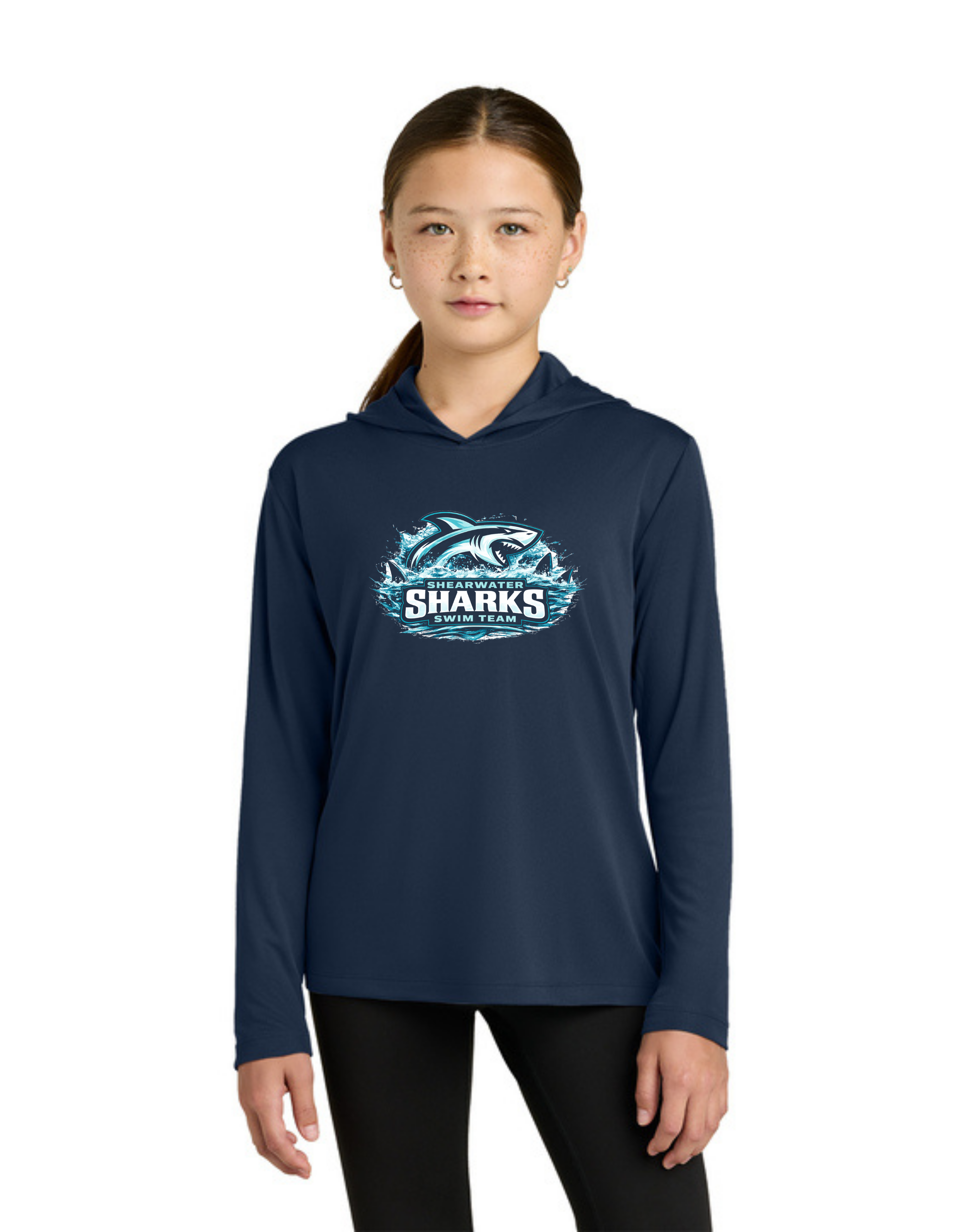2026 Shearwater Sharks Logo Moisture Wick Long Sleeve Hoodie - Youth