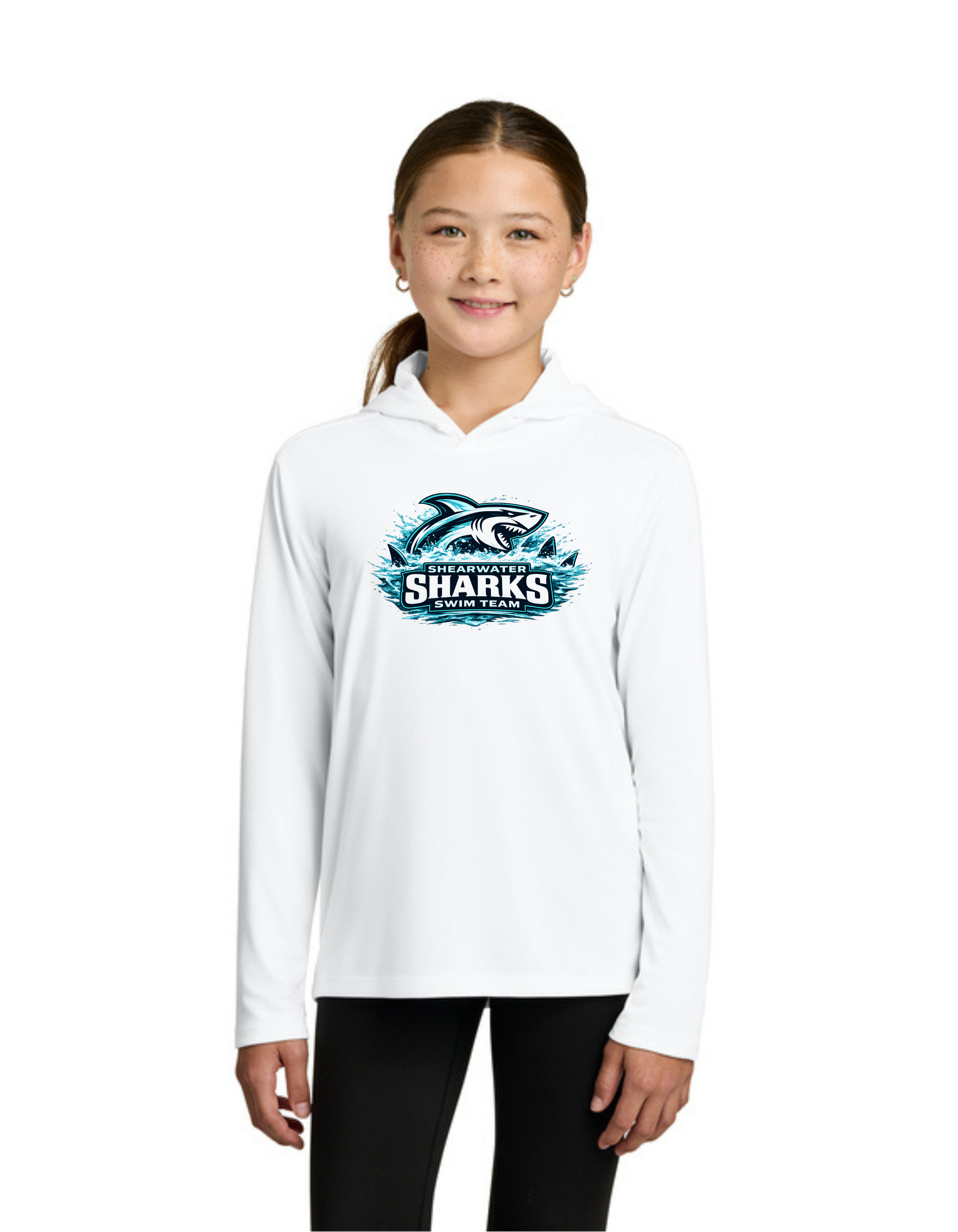 2026 Shearwater Sharks Logo Moisture Wick Long Sleeve Hoodie - Youth