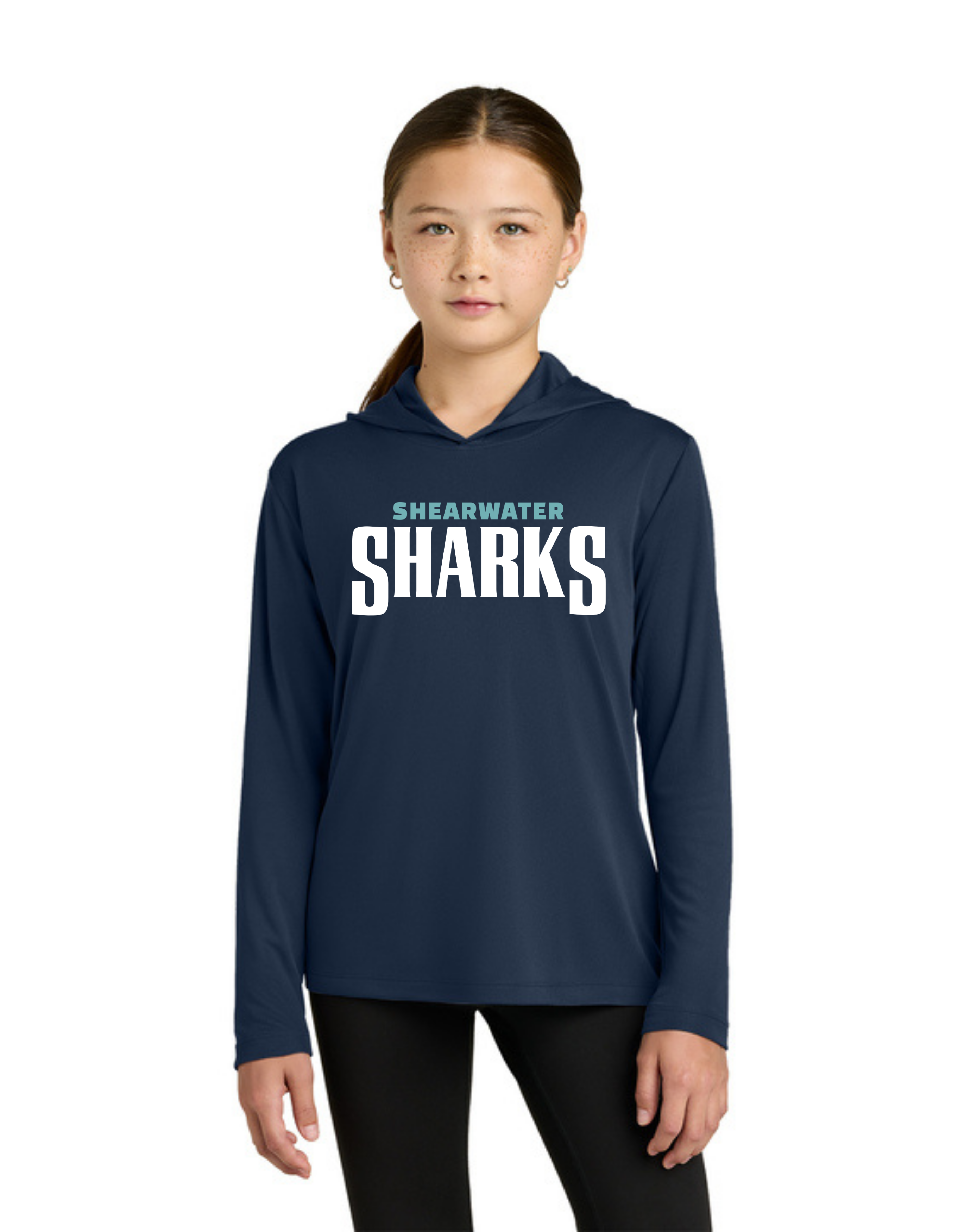 Shearwater Sharks Wordmark Moisture Wick Long Sleeved Hoodie - Youth